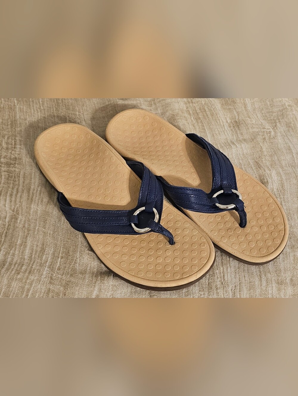 Vionic Navy and Tan Thong Sandals with Ring Accent